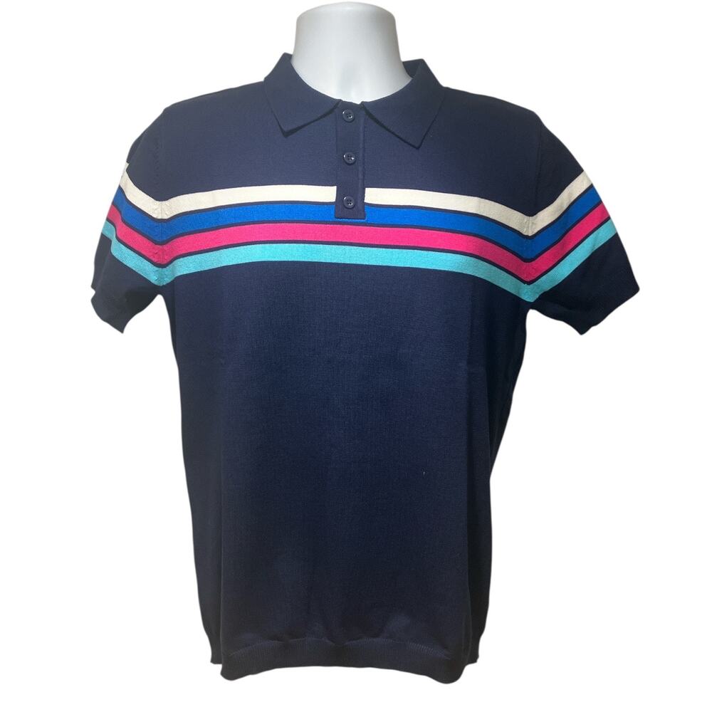 Andrew Christian Knit Stripe Polo Navy Blue Large - Picture 2 of 6